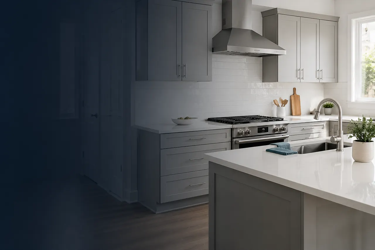 Bright, professionally cleaned kitchen with spotless white counters, stainless range and polished sink.